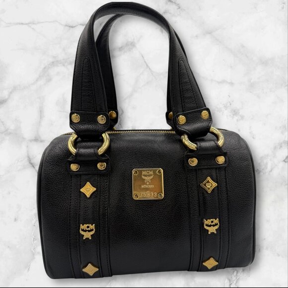 MCM Black Leather Small Logo Studded Boston Bag - Picture 1 of 8